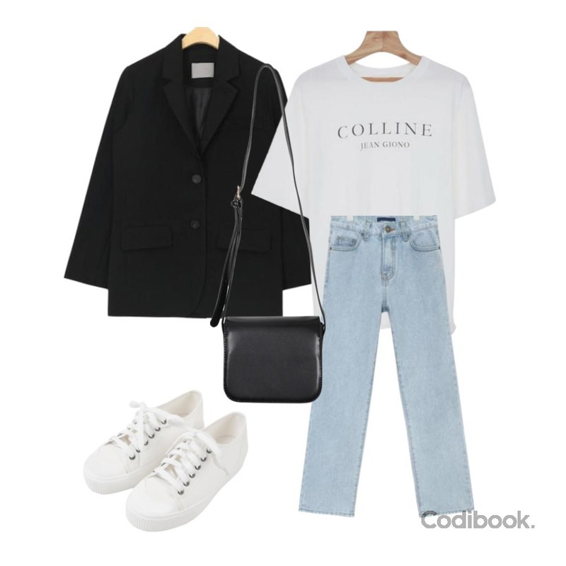 AIN standard tapered fit denim pants (2 colors),Zemma World Colline-프린팅티셔츠[size:44~66 / 6color],AIN soft standard jacket등을 매치한 코디