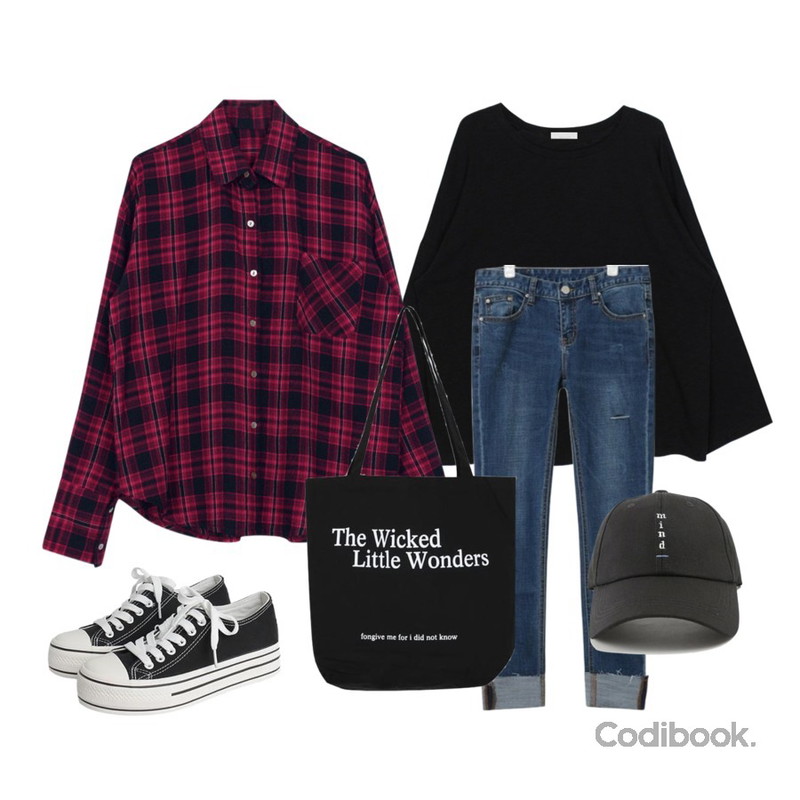 AIN vintage washing roll up denim pants,biznshoe Over-fit round tee (6color),biznshoe Autumn check shirts (3color)등을 매치한 코디