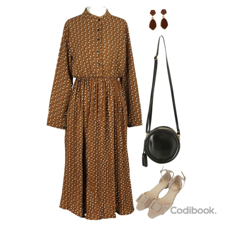 Reine 데일러 탬버린 크로스백,Zemma World Jennifer-스틸레토[size:225~250 / 5color],BANHALA [혜민 PICK] 스퀘어주름 원피스등을 매치한 코디