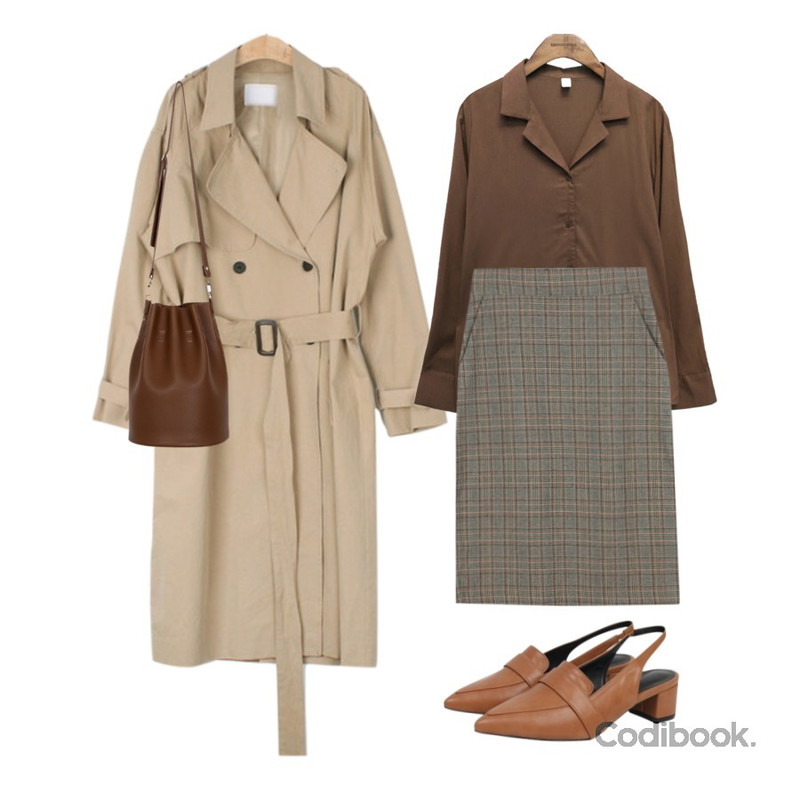 MESMIN 프렌치 롱 트렌치코트 (2color),BANHALA [혜민 PICK] 토리버리 스커트,common unique [TOP] SILKY DAILY COLLAR BLOUSE등을 매치한 코디