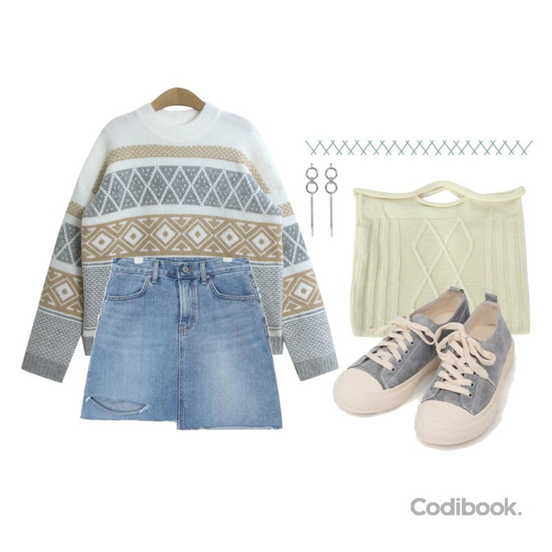 Untitled,TODAY ME 에븐 니트,myblin 다이아 패턴 미니 니트 백(4color)등을 매치한 코디