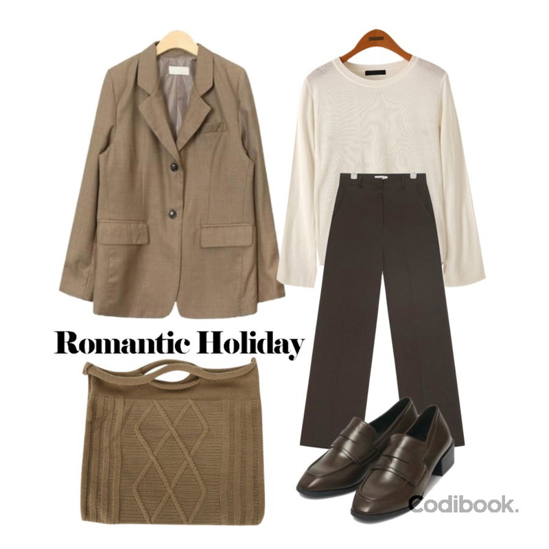 Reine 헤디즈 라운드 러플 니트,AIN once brick long slacks (s, m),AIN elegant style jacket등을 매치한 코디
