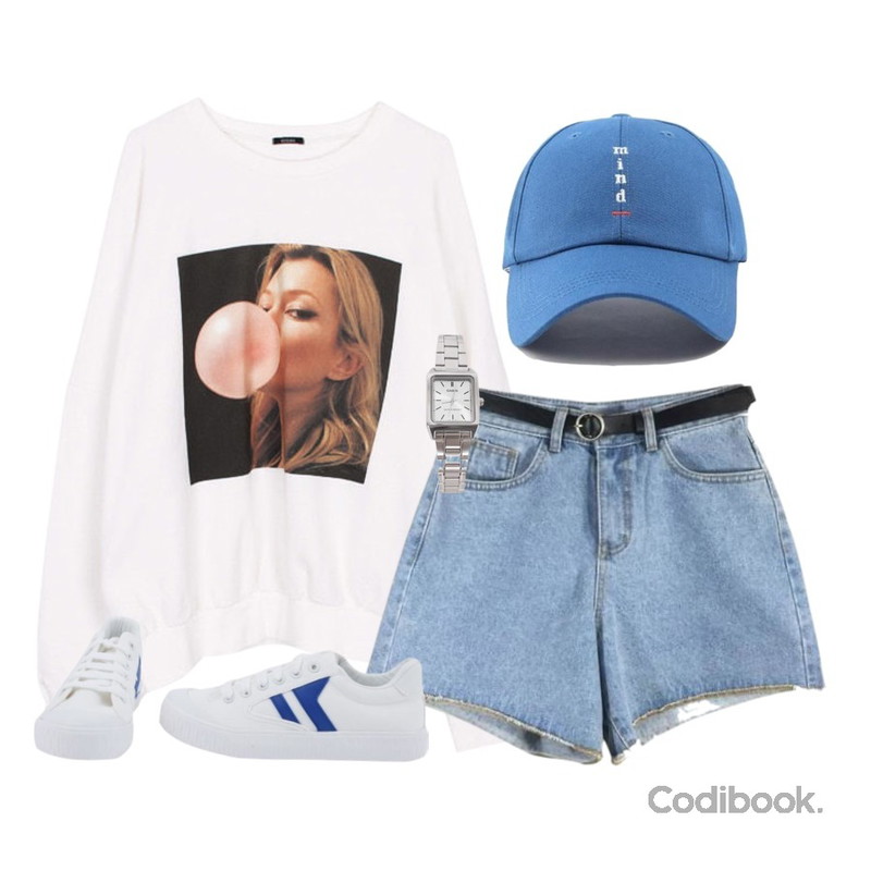 myblin 마크 포인트 스니커즈 (3color),DOOP 메리 벨트 숏팬츠,biznshoe Long sleeve printing mtm (3color)등을 매치한 코디