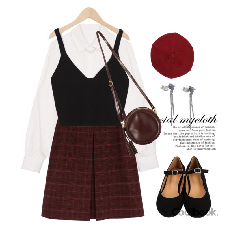 biznshoe A line check skirt (2color),From Beginning Brick layered knit bustier_H (size : free),biznshoe Autumn color shirts (6color)등을 매치한 코디