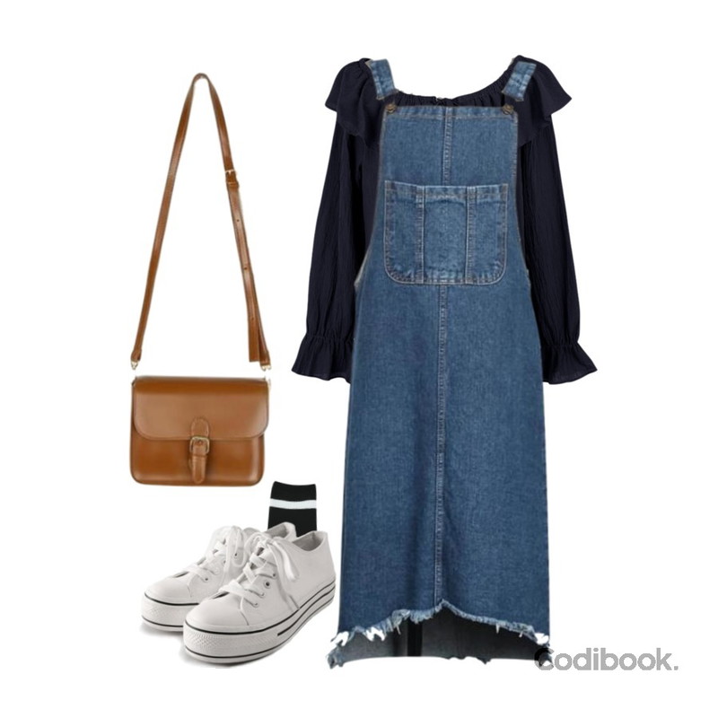 From Beginning Unbal cutting denim overall_M (size : free),myblin 앵클 라인 골지 양말 (5color),BANHALA [지수 PICK] 리본캉캉 블라우스등을 매치한 코디
