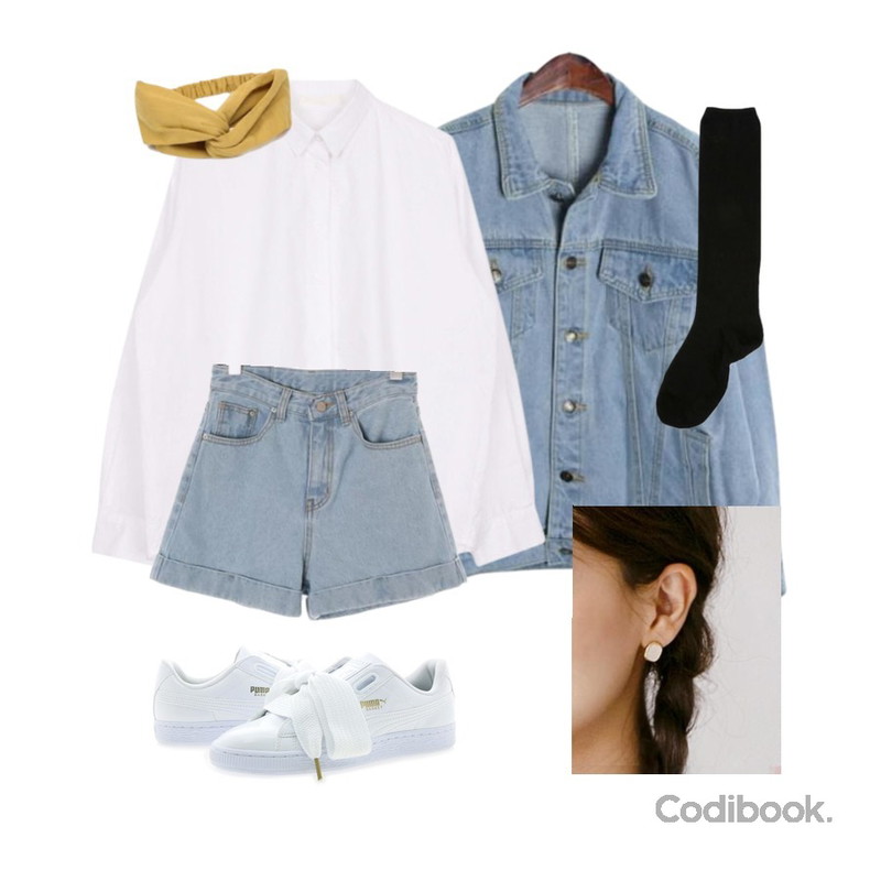 Player 퓨마 바스켓 하트 페이턴트 화이트 (PUMA BASKET HEART) 363073-02  신발  운동화 퓨마 ,biznshoe Over-fit white shirt,ROCOSIX casual over denim jacket등을 매치한 코디