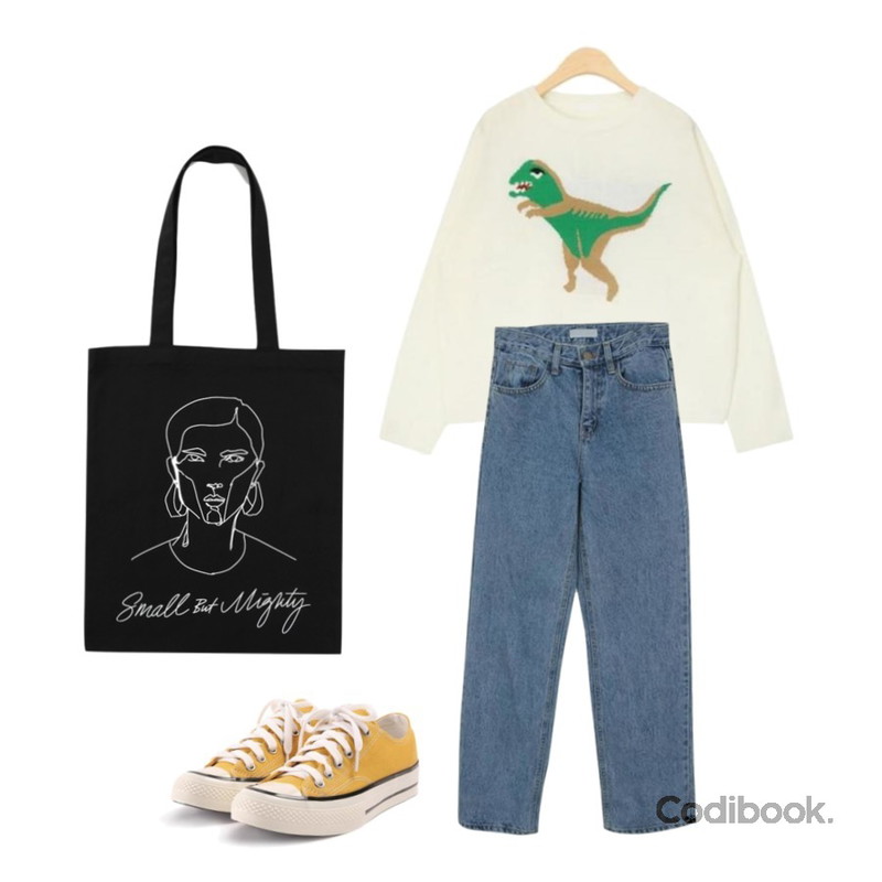 AIN dinosaur like round knit,ROCOSIX simple coton sneakers,Zemma World Retro-스트레이트팬츠[size:S,M,L / 1color]등을 매치한 코디