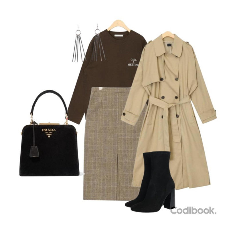 AIN grow up daily trench coat,AIN daily calling lettering T,AIN classic mood midi slit skirt등을 매치한 코디