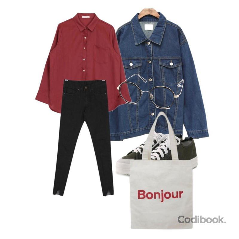 ROCOSIX daily chunky sneakers,biznshoe Basic linen shirt (6color),common unique [OUTER] DEEP 5 COLOR DENIM JACKET등을 매치한 코디