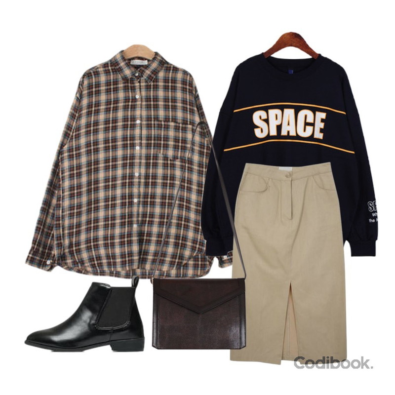 Dailyco 스페이스맨투맨-mtm,MESMIN 월넛 체크 박시 남방 (3color),Zemma World Stiff-롱스커트[size:S,M / 3color]등을 매치한 코디
