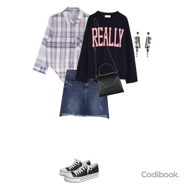 MIXXMIX ONLY MIX  Check ribbon shirt바캉스준비 특별할인,TWEE 플라워 레이스 earring,BANHALA 언발컷팅 스커트등을 매치한 코디