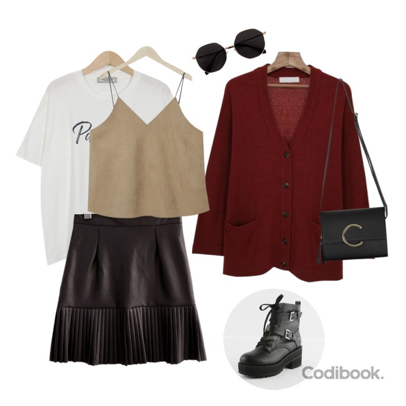 common unique [SKIRT] LEATHER PLEATS MINI SKIRT SALE,Zemma World Crimson-울가디건 (울70%)[size:44~통통66 / 4color],From Beginning Made_top-189_paradise T (size : free)등을 매치한 코디