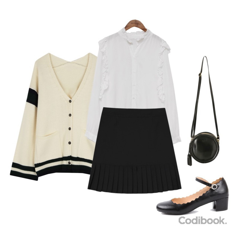 common unique [TOP] LANY FRILL BLOUSE,BANHALA [혜민 PICK] 배색 니트가디건,BANHALA [기솔 PICK] 엔나 스커트등을 매치한 코디