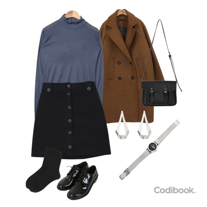 AIN wave point polar T (4 colors),myblin 버티컬 워싱 버튼 미니 스커트,common unique [OUTER] SOME RAGLAN DOUBLE COAT등을 매치한 코디