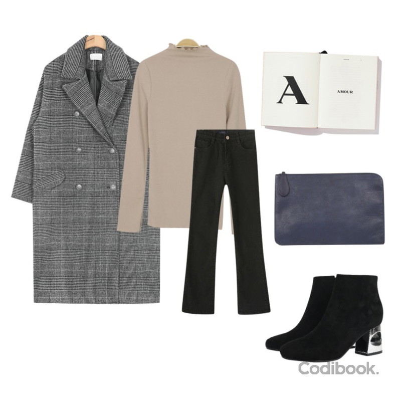 AIN classic glam button detail coat (2 colors),Reine 레디스 부츠컷 데님 팬츠,myblin 웨이브 하이넥 티 (4color)등을 매치한 코디
