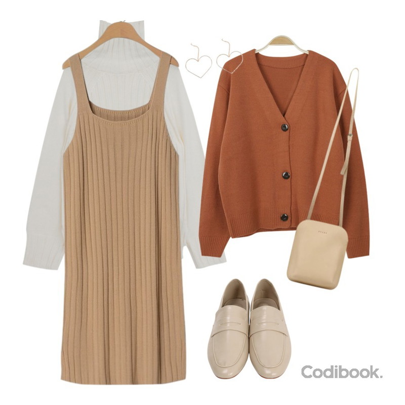 myblin 귀여운 쓰리버튼 가디건 (6color),OBBANG STYLE 라인업니트롱원피스,common unique [TOP] 5 COLOR TURTLE NECK KNIT등을 매치한 코디