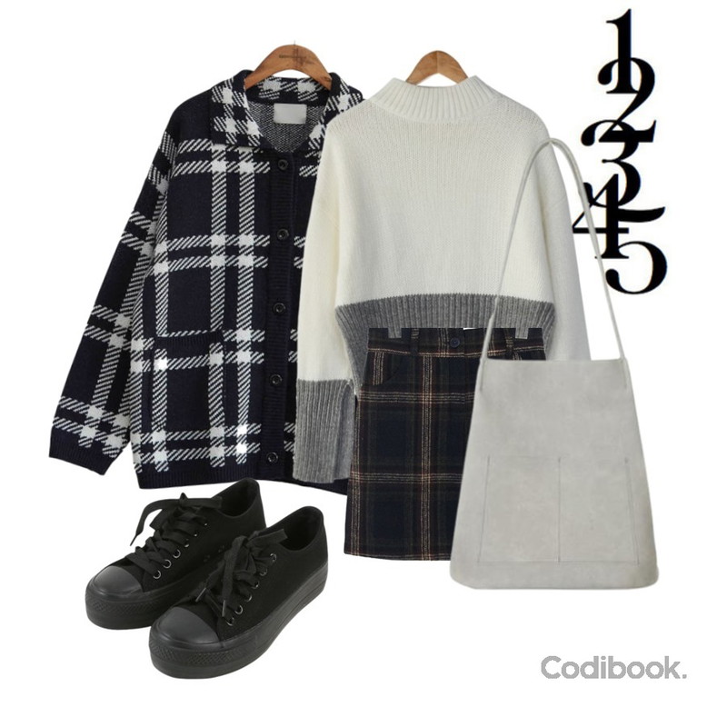 12345,common unique [OUTER] WOOL CHECK KNIT JAKET,BANHARU sleeve slit angora knit등을 매치한 코디