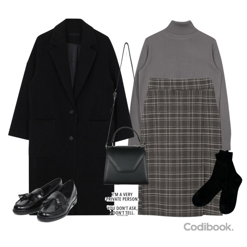 biznshoe Vivid turtle neck (14color),myblin 사이드 슬릿 체크 스커트 (3color),biznshoe Maxi long coat (5color)등을 매치한 코디