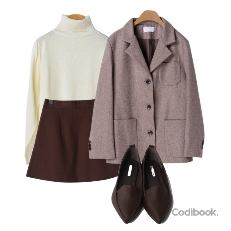 OBBANG STYLE 실루엣미니스커트,OBBANG STYLE 홀그레인울자켓,OBBANG STYLE 그래비티폴라니트등을 매치한 코디