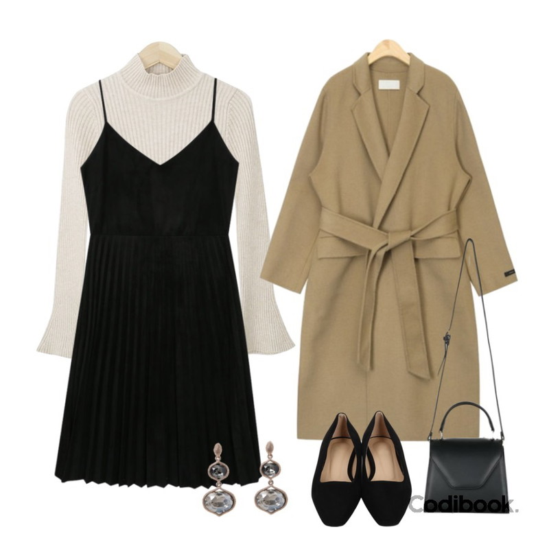 myblin 나팔소매 반목 니트 (3color),AIN celine slit point handmade coat,myblin 스웨이드 플리츠 원피스 (3color)등을 매치한 코디