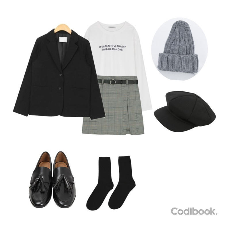 BANHALA [기솔 PICK] 벨트하운드 스커트,AIN two button line simple jacket,BANHALA 뷰티풀 프린팅 티셔츠등을 매치한 코디