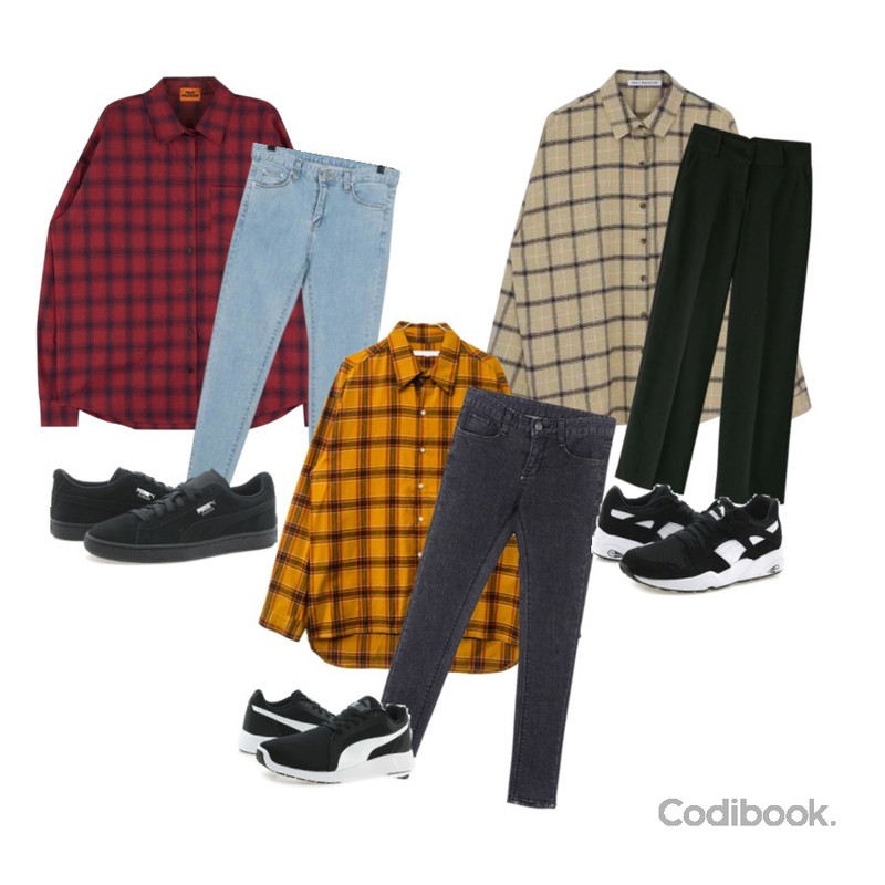 MIXXMIX 스테레오 체크 셔츠,MIXXMIX 멜팅 체크 셔츠,BANHARU high waist maxi slacks등을 매치한 코디
