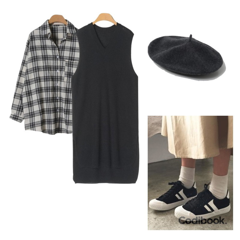OBBANG STYLE 카린니트원피스,OBBANG STYLE 올라잇스니커즈,OBBANG STYLE 크래프트체크셔츠등을 매치한 코디