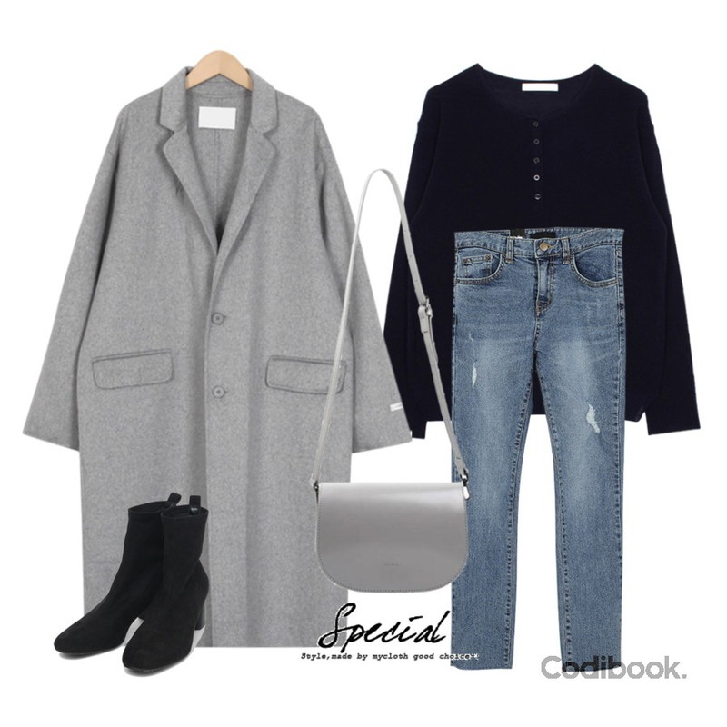 AWAB 카이일자팬츠,From Beginning Medium handmade coat_S (size : free),biznshoe Henleyneck button knit (3color)등을 매치한 코디