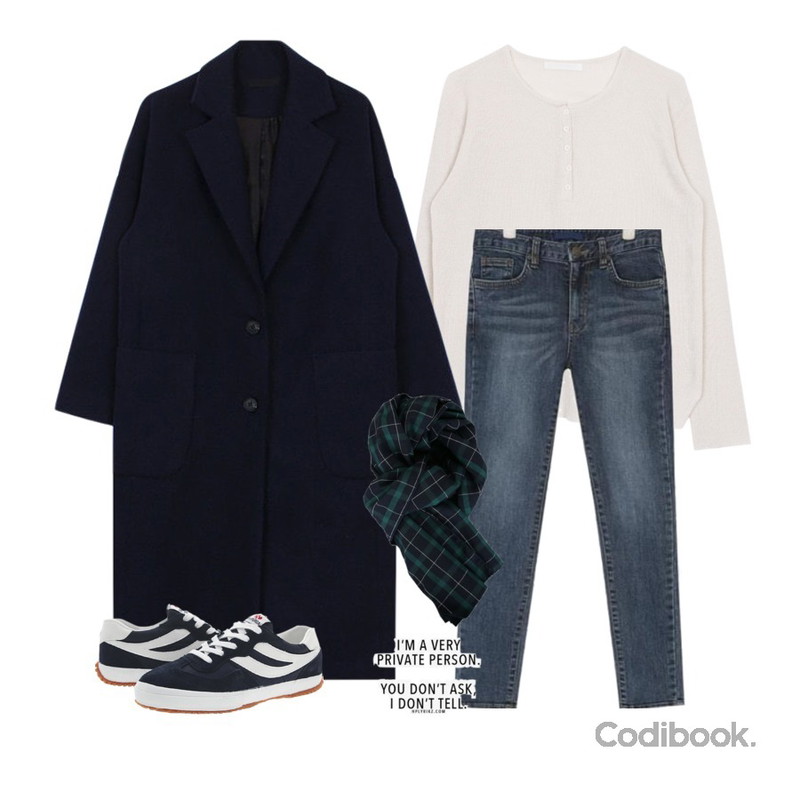 AIN slim skinny denim pants (25-29),biznshoe Maxi long coat (5color),biznshoe Henleyneck button knit (3color)등을 매치한 코디