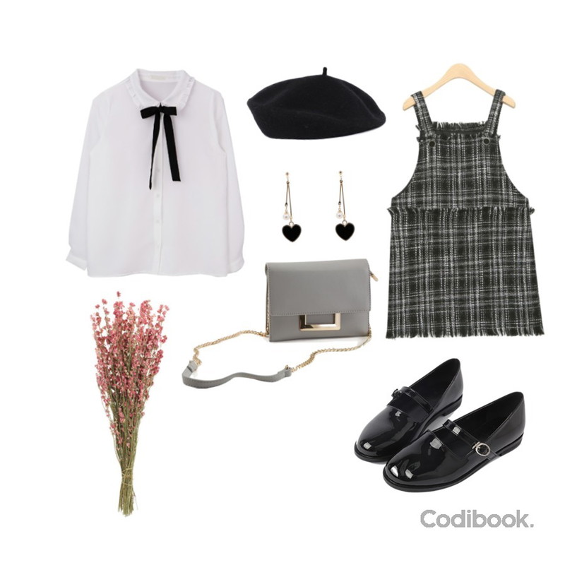 biznshoe Simple beret,MIXXMIX 루닝 리본 블라우스,AIN lady wear tweed ops등을 매치한 코디