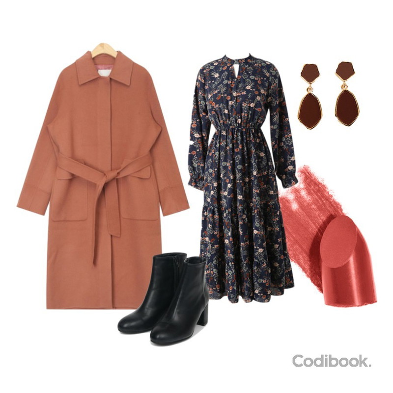 coral lip,AIN large collar handmade coat,Reine 베리아 플라워 쉬폰 원피스등을 매치한 코디