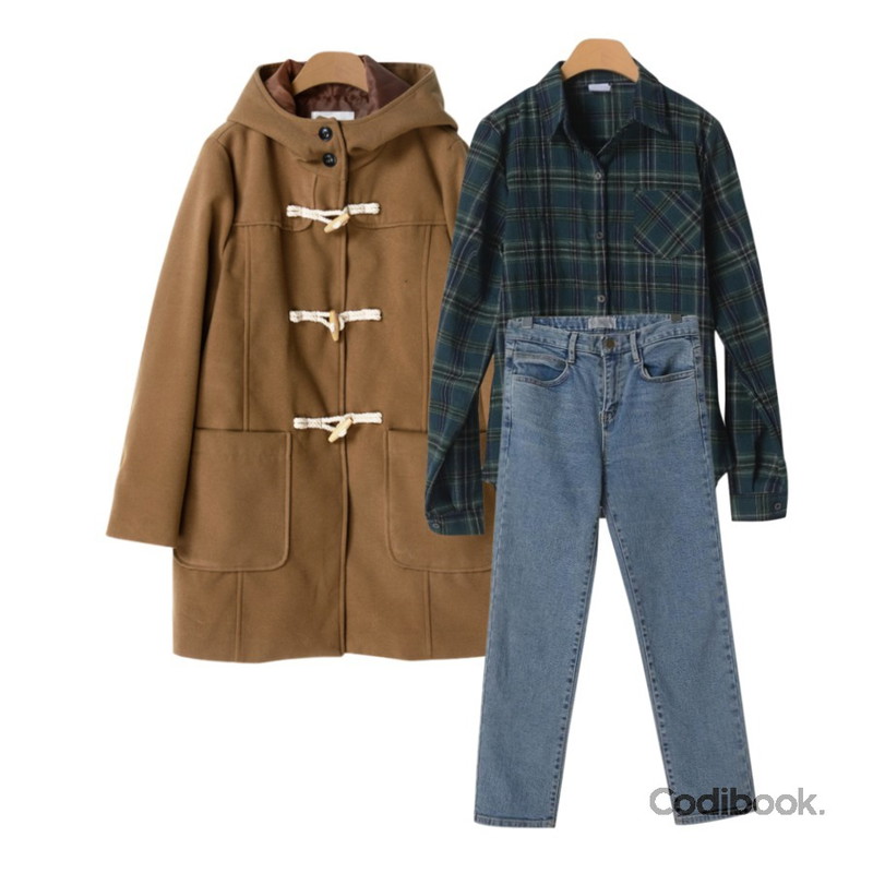 OBBANG STYLE 베를린데님일자바지,OBBANG STYLE 콘텐츠체크셔츠,OBBANG STYLE 마롱떡볶이코트등을 매치한 코디