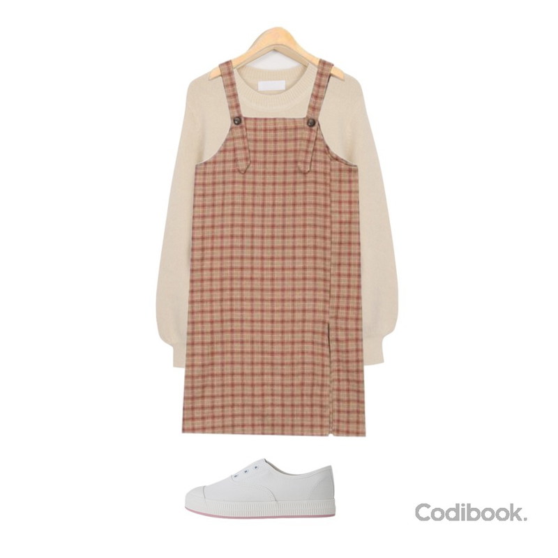 LOVELY SHOES 컴백 밴딩 스니커즈3cm,AIN jelly check suspenders ops,From Beginning Cotton candy angora knit_H (size : free)등을 매치한 코디