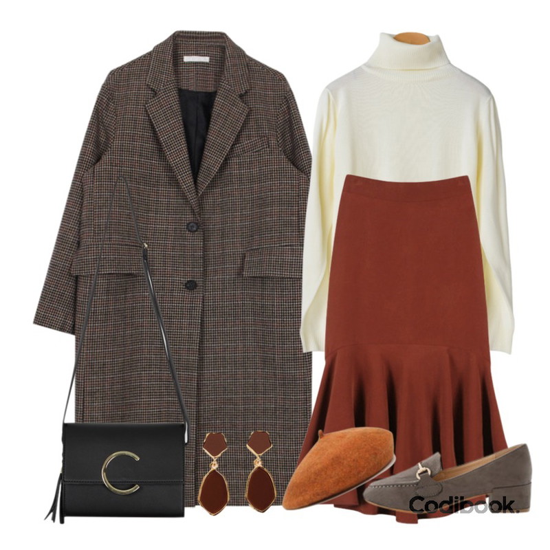 MINIBBONG 매트 프릴롱스커트,OBBANG STYLE 그래비티폴라니트,biznshoe Check long coat (2color)등을 매치한 코디