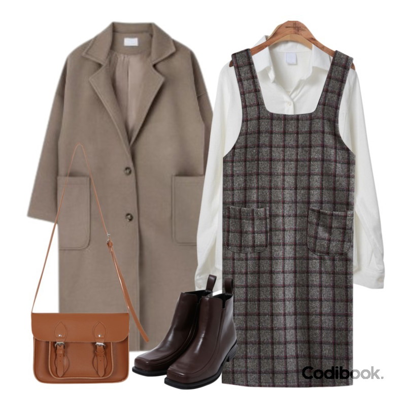 common unique [OPS] SIDE BUTTON OVERALL CHECK OPS,MIXXMIX 싱글 베이직 롱 코트,OBBANG STYLE 플레이트기모셔츠등을 매치한 코디