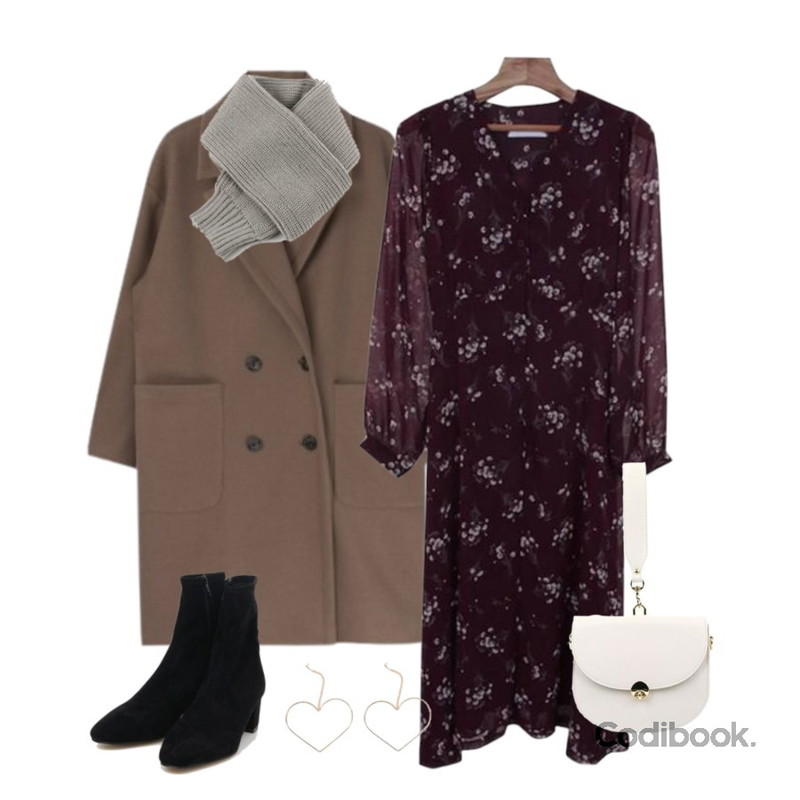 Zemma World Grape-플라워원피스[size:44~66 / 2color],MIXXMIX 로리언 더블 버튼 코트,AIN softy suede ankle boots (225-250)등을 매치한 코디