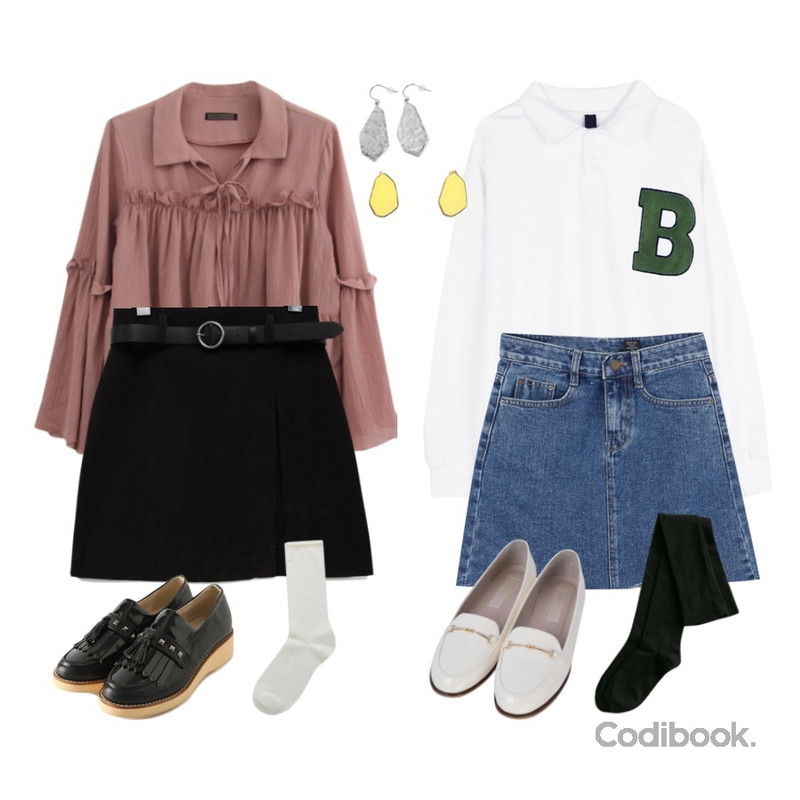 HI RIT 러블리즈 리본카라 2단 프릴 블라우스,Reine [기획상품]블래드 프린지 로퍼,common unique [SKIRT] SOFT BELT SET SKIRT등을 매치한 코디