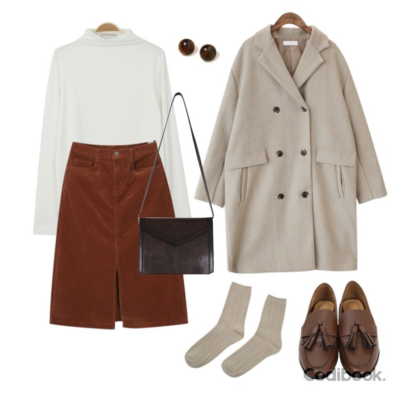 myblin 코듀로이 슬릿 스커트 (3color),common unique [OUTER] DOUDLE BUTTON WOOL COAT,myblin 심플 반폴라 티 (4color)등을 매치한 코디
