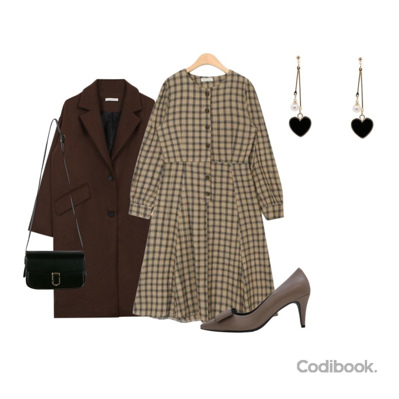 LOVELY SHOES 멜란디 리본 스틸레토 펌프스 (6.5cm),biznshoe Loose fit two button coat (3color),AIN chess pattern long ops등을 매치한 코디