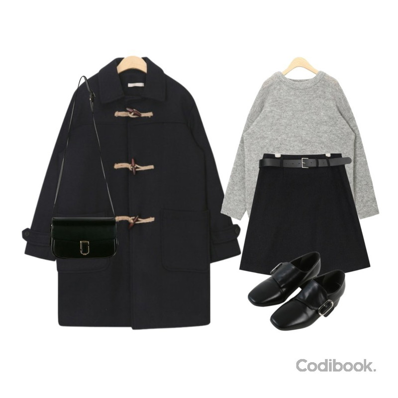 AIN plait daily wool duffel coat,AIN simple mohair round neck knit,AIN belt herringbone wool skirt (s, m)등을 매치한 코디