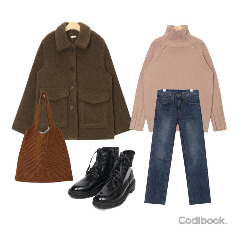 AIN standard boots cut denim pants (25-29),AIN issue turtle neck wool knit,AIN dinky bumble jumper등을 매치한 코디