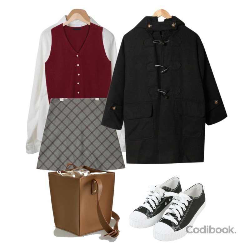 From Beginning Fisher button knit vest_S (size : free),OBBANG STYLE 플레이트기모셔츠,AIN smooth check skirt (s, m)등을 매치한 코디