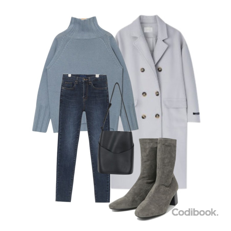 MIXXMIX 오버핏 더블 코트,AIN deep skinny denim pants (25-29),AIN issue turtle neck wool knit등을 매치한 코디