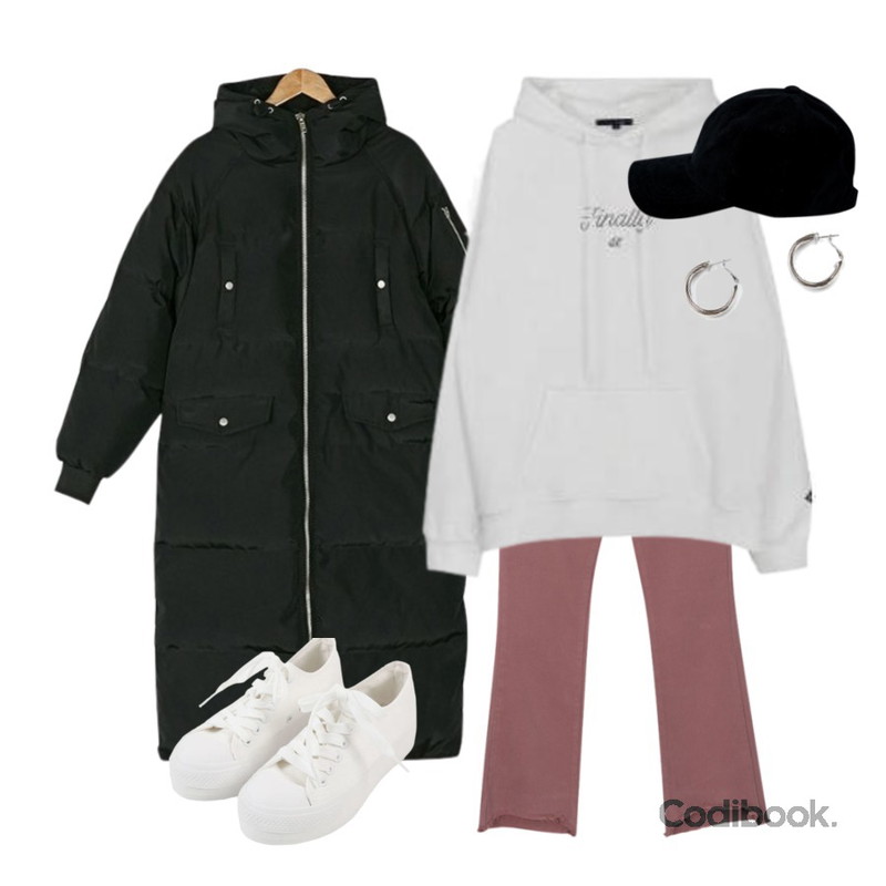 MIXXMIX Finally Fleece hoodie,myblin 기모 슬림 부츠컷 팬츠 (4color),BANHARU heavy long padding등을 매치한 코디