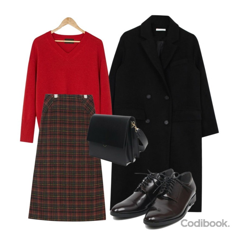 biznshoe Double button coat (3color),BANHARU retro wool knit,AIN carol check long skirt등을 매치한 코디