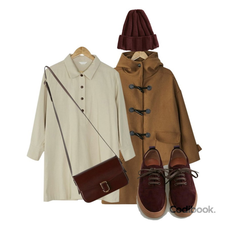 BANHARU basic shirts ops,BANHARU suede platform sneakers,BANHARU vintage duffle coat등을 매치한 코디