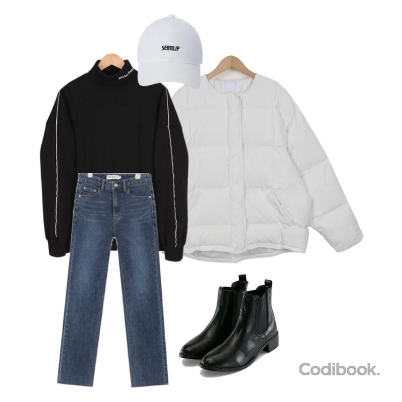 From Beginning Collarless short padding jumper_M (size : free),AIN SHALOM straight ver.5 (s, m, l),BULLANG GIRL 롤스비터스윗삥줄MTM♥남녀공용♥(기모)등을 매치한 코디