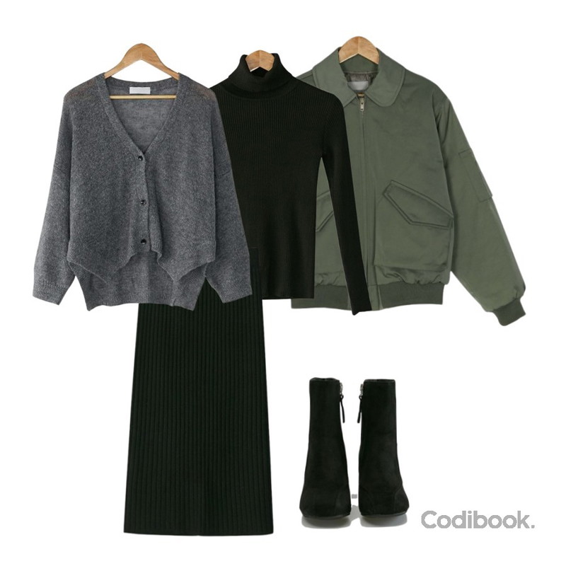 BANHARU soft golgi turtleneck knit,BANHARU round collar ma-1 jumper,BANHARU slim golgi knit skirt등을 매치한 코디