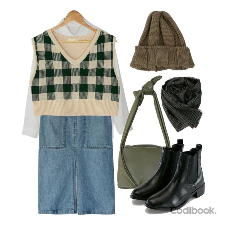 BANHARU ,BANHARU slit denim banding long skirt,BANHARU v-neck check knit vest등을 매치한 코디
