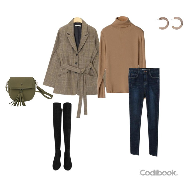 myblin 블랙 롱 부츠,AIN classic novel check jacket,OBBANG STYLE 포스트폴라니트등을 매치한 코디
